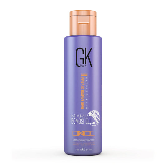 GK Hair Miami Bombshell Taming Blonde Treatment 100 ml purple bottle, front view