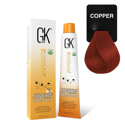 GK Hair's Juvexin Copper Cream Color product set including Volume Developer with white backround.