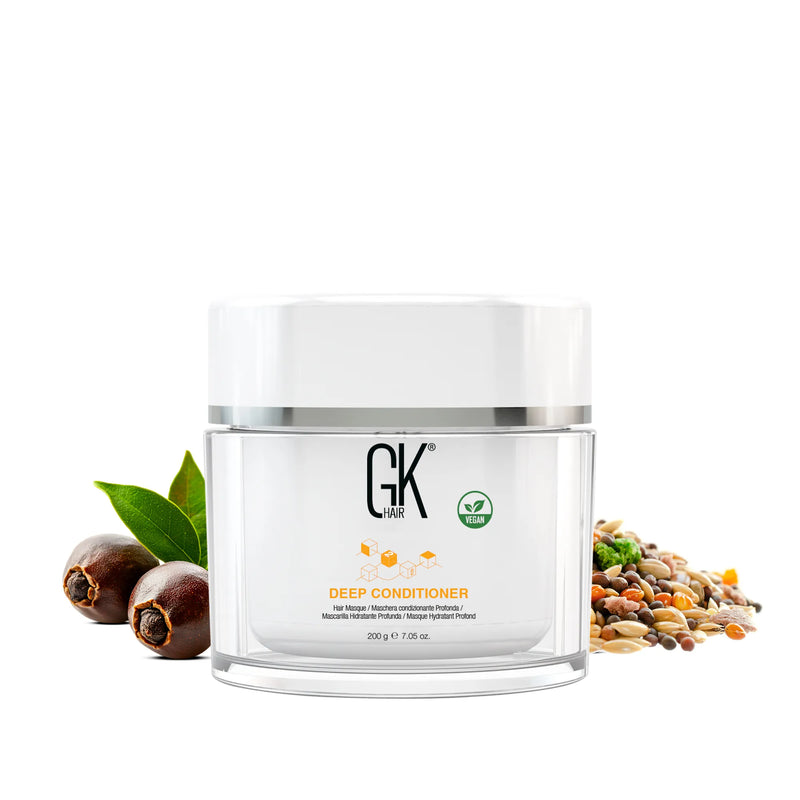 GK Hair Deep Conditioner Pro 200 g jar, front view with green leaves, berries and mixed grains