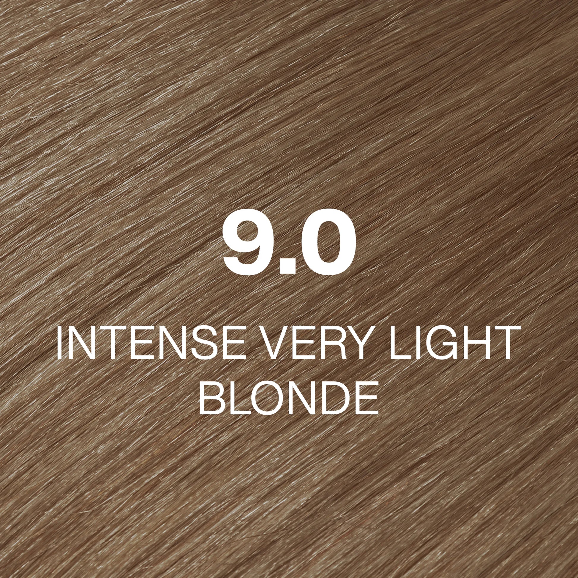 Text '9.0 Intense Very Light Blonde' on a brown hair color swatch.