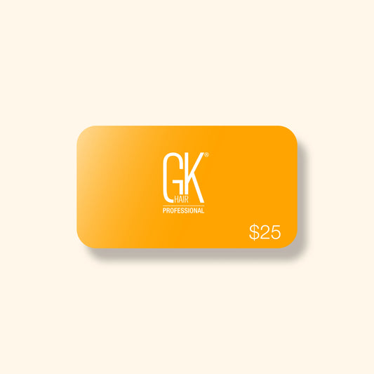 Orange gift card with rounded corners featuring "GK Hair Professional" in white text. The bottom right corner displays "$25". Minimalist design.