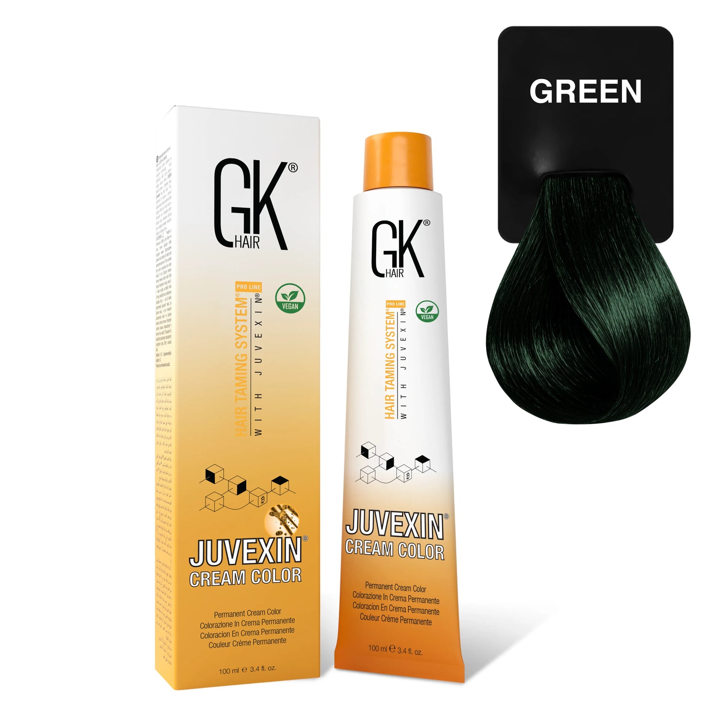 GK Hair's Juvexin Green Cream Color product set including Volume Developer with white background.