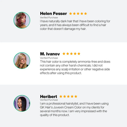 Product reviews for a hair color product with user testimonials and star ratings.