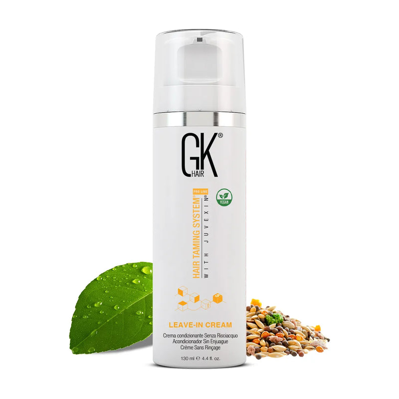GK Hair Leave-In Conditioner Cream 130 ml white pump bottle with a green leaf and mixed grains on a white background