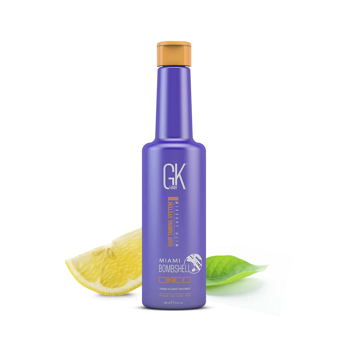 GK Hair Miami Bombshell Taming Blonde Treatment 280 ml bottle with a lemon wedge and green leaf