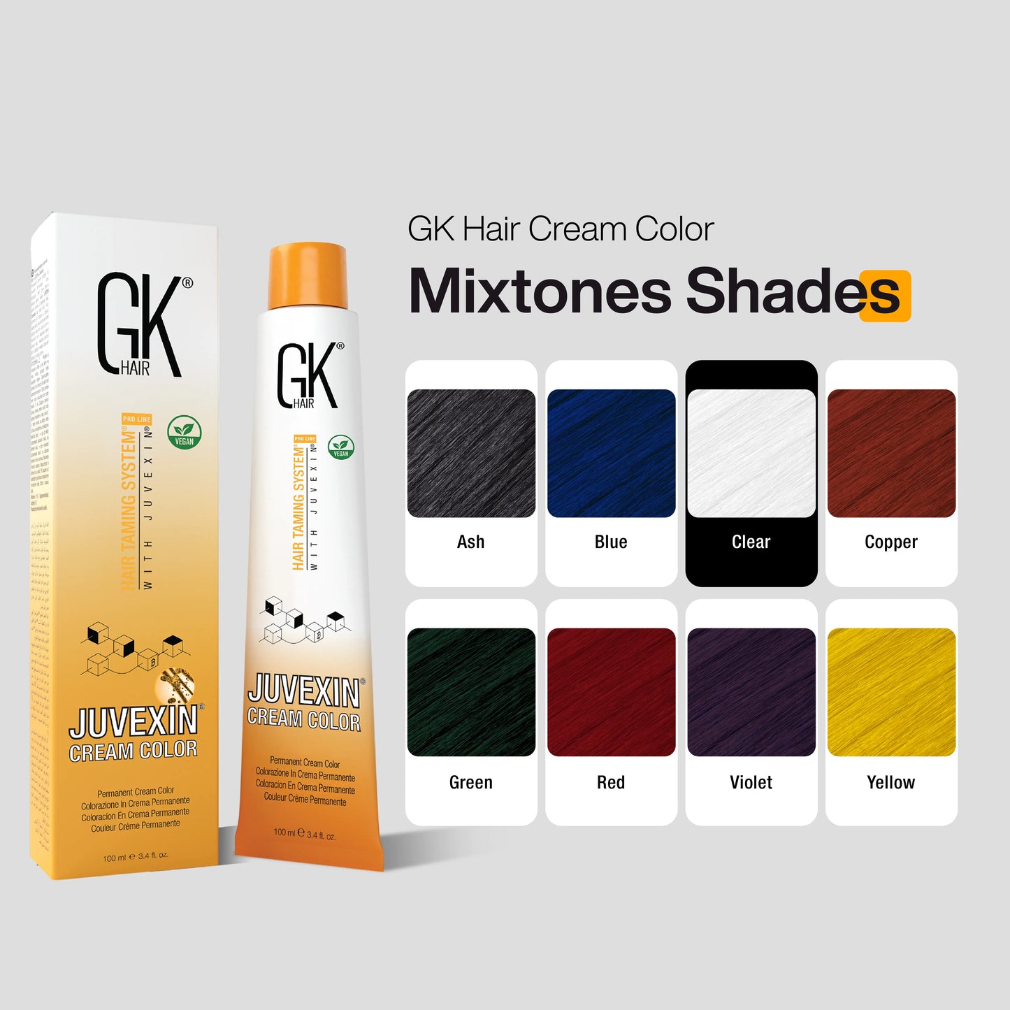 GK Hair Cream Color packaging with Mixtone Shades color swatches on a gray background