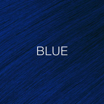 Silky hair texture showcasing the GK Hair's Juxevin Cream Color "Blue Mixtone" in bold white text.