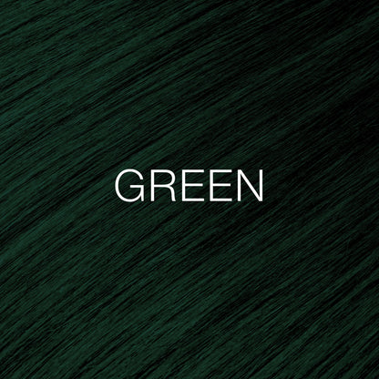 Silky hair texture showcasing the GK Hair's Juxevin Cream Color "Green Mixtone" in bold white text.