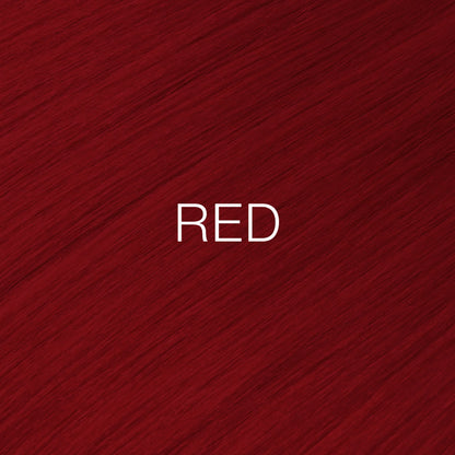 Silky hair texture showcasing the GK Hair's Juxevin Cream Color "Red Mixtone" in bold white text.