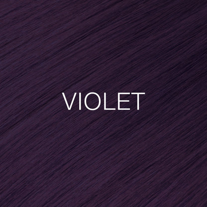 Silky hair texture showcasing the GK Hair's Juxevin Cream Color "Voilet Mixtone" in bold white text.