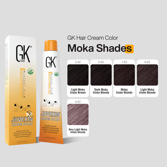 GK Hair Cream Color packaging with Moka Shades swatches on a gray background