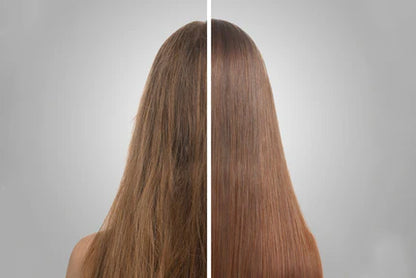 Before and after split of long brown hair from behind: dry frizzy hair on the left, smooth shiny hair on the right