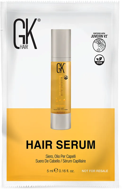 GK Hair Sachets Pro: Hair Serum 5 ml sachet, front view showing the gold serum bottle