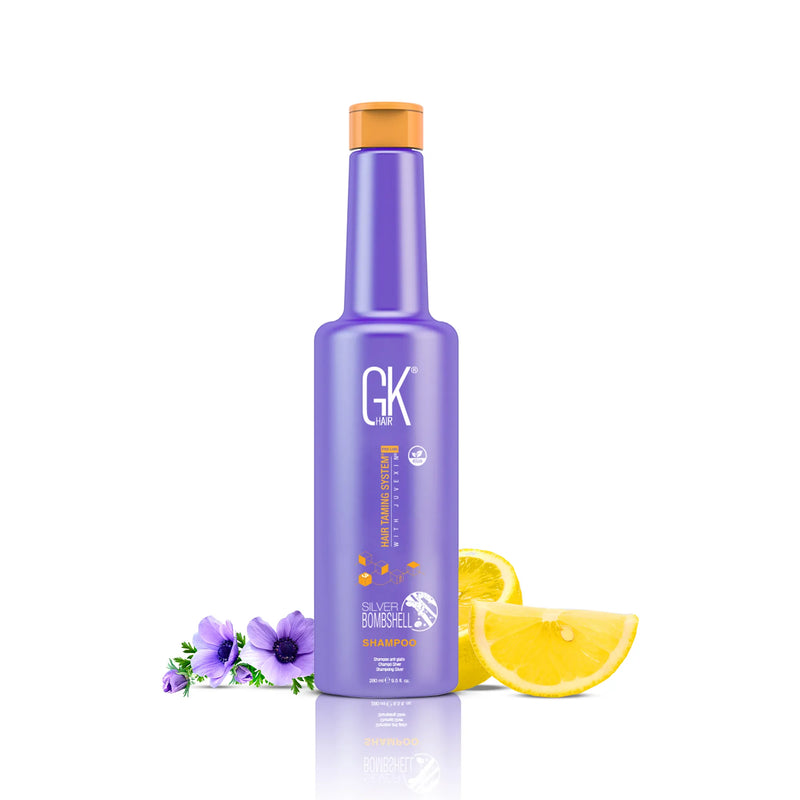 GK Hair Silver Bombshell Shampoo 280 ml purple bottle with orange cap, front view with lemons and purple flowers