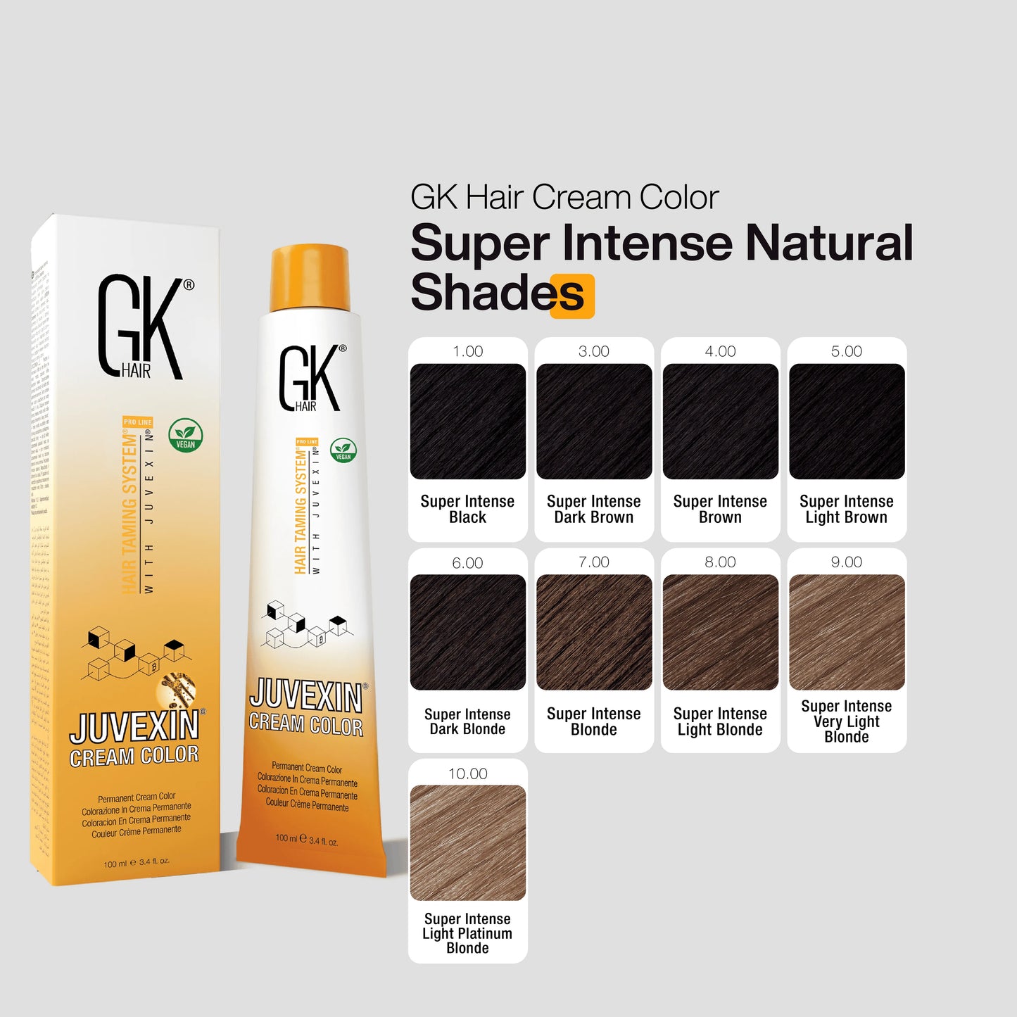 GK Hair Cream Color packaging with color chart on a gray background