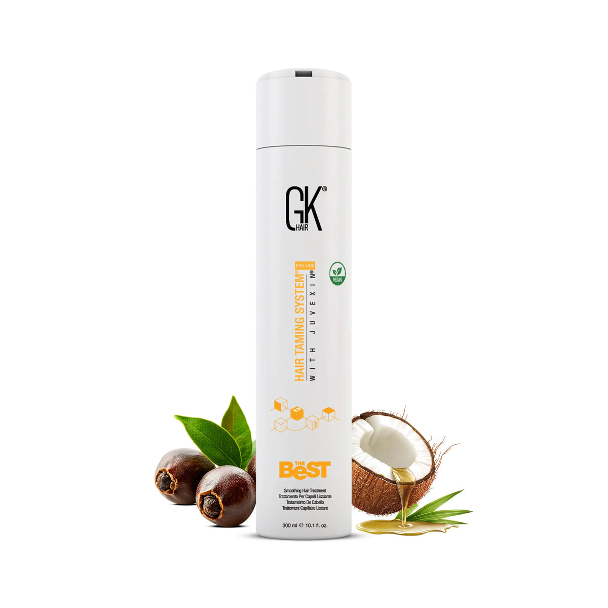 GK Hair The Best Smoothing Hair Treatment 300 ml bottle, front view with coconut and seed pods