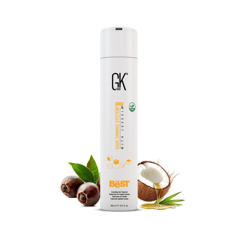 GK Hair The Best Smoothing Hair Treatment 300 ml bottle, front view with coconut and seed pods