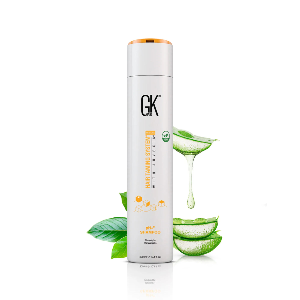 GK Hair pH+ Shampoo Pro 300 ml bottle with orange cap, surrounded by aloe vera slices and leaves