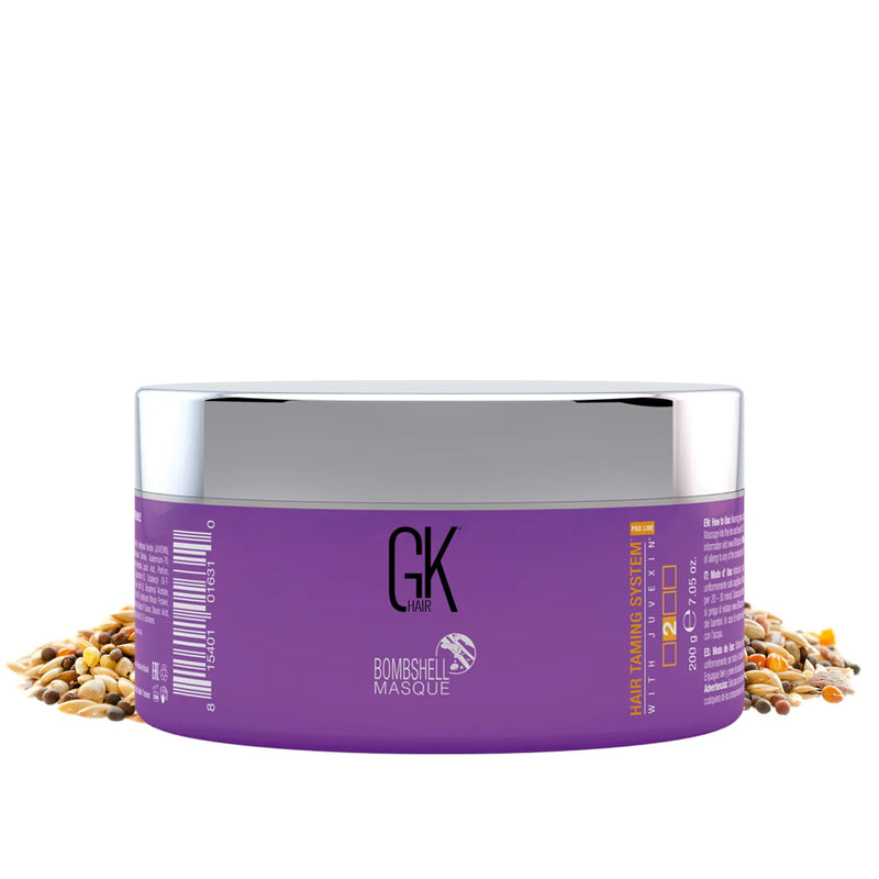 GK Hair Ultra Blonde Bombshell Masque Pro purple 200 g jar with silver lid surrounded by scattered grains and seeds